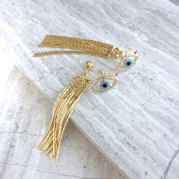 Evil Eye studs w/ gold tassel back earrings - Picture 6 of 8